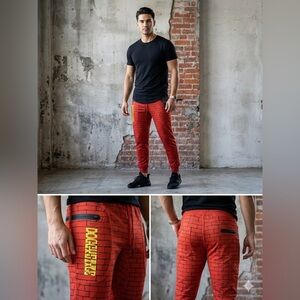 Red Brick-Print Jogger Sweatpants with Yellow Side Graphic